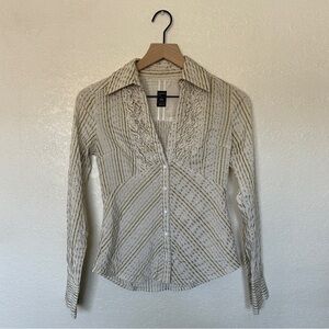 Vintage Blouse White Gold Striped Textured Blouse Small
